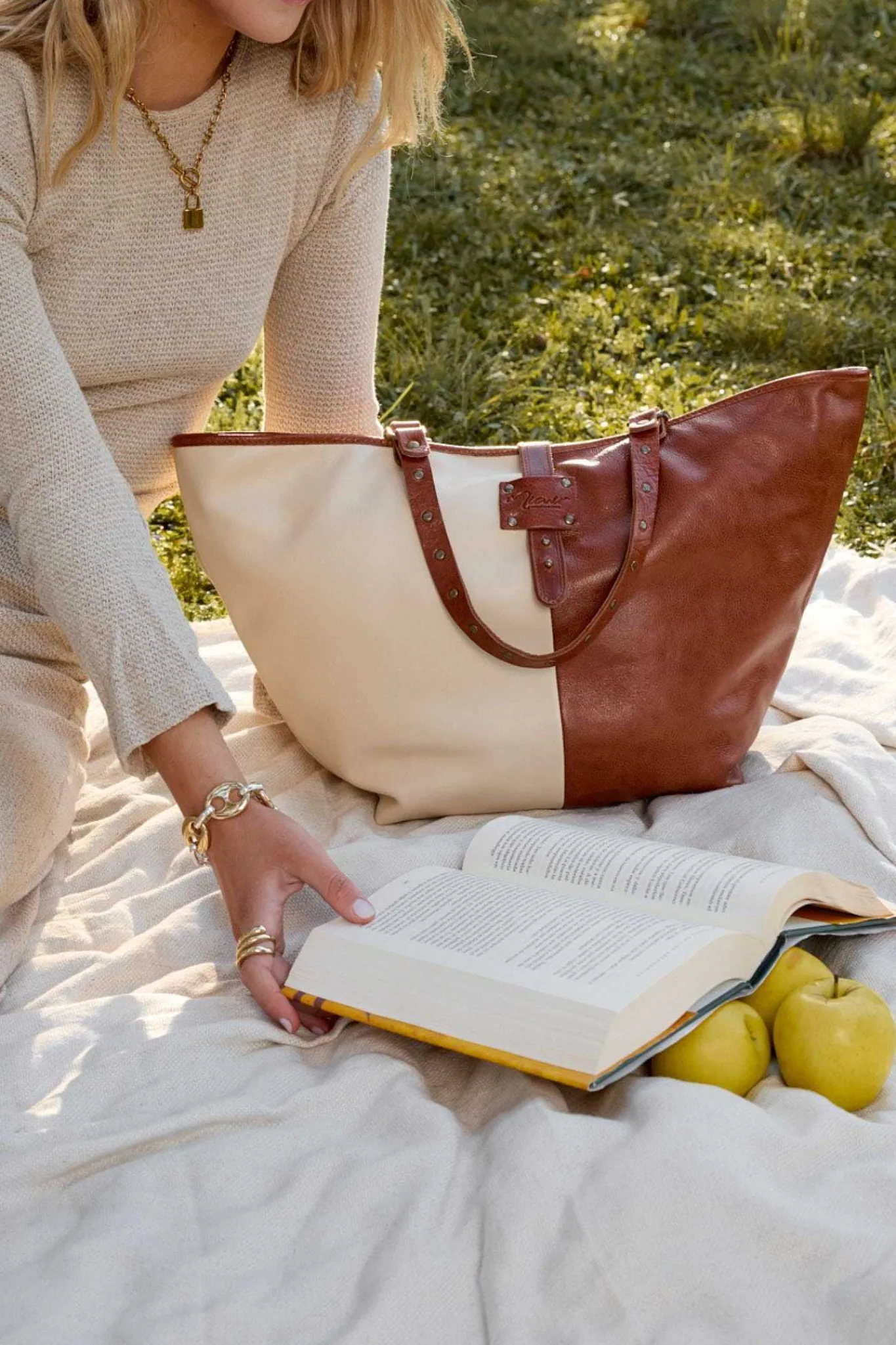 Mujer MICUIR Bolsos Grandes-Capazo Bicolor Crema Y Cuero