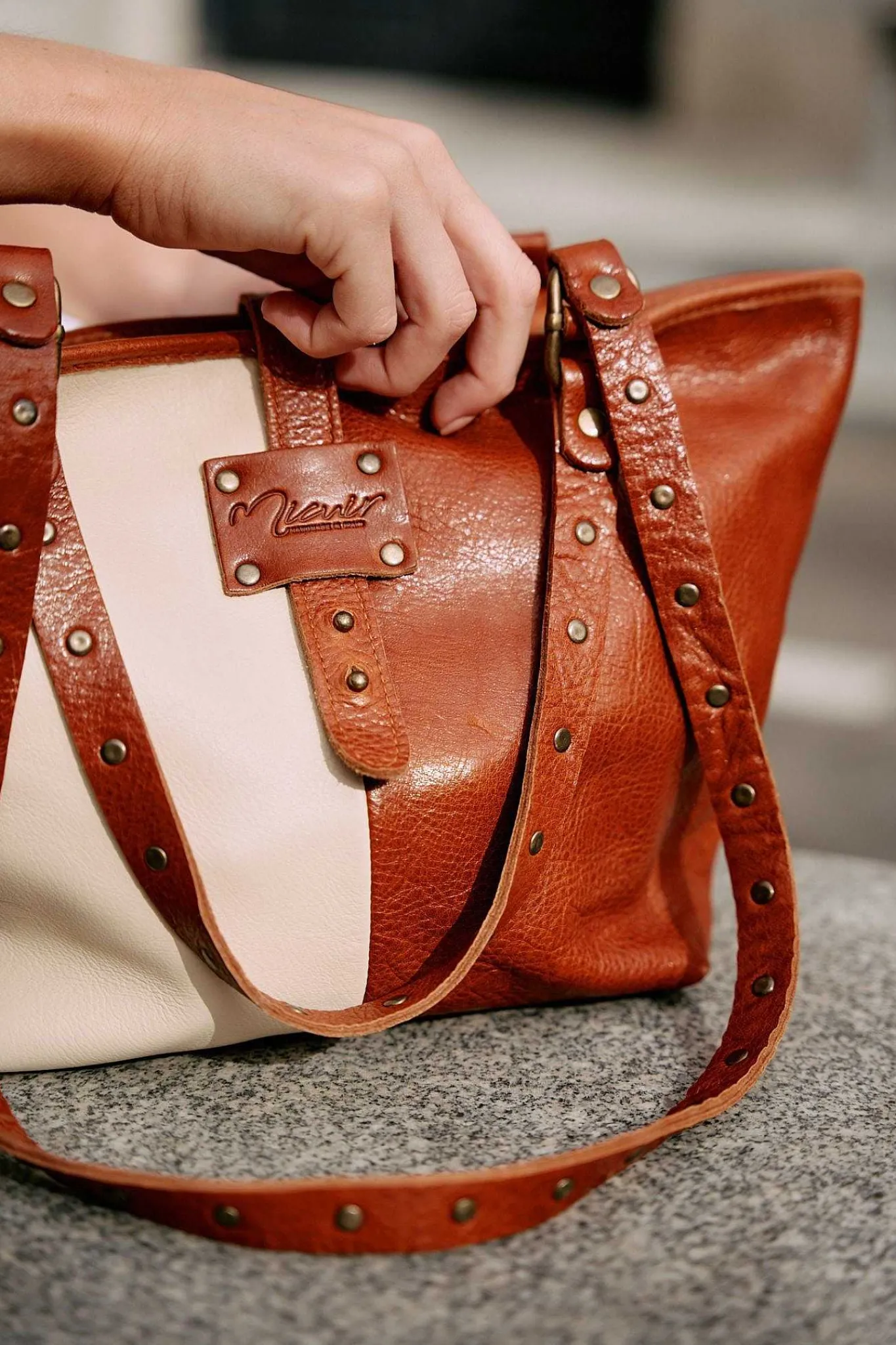 Mujer MICUIR Bolsos Medianos-Capazo Pequeno Bicolor Crema Y Cuero