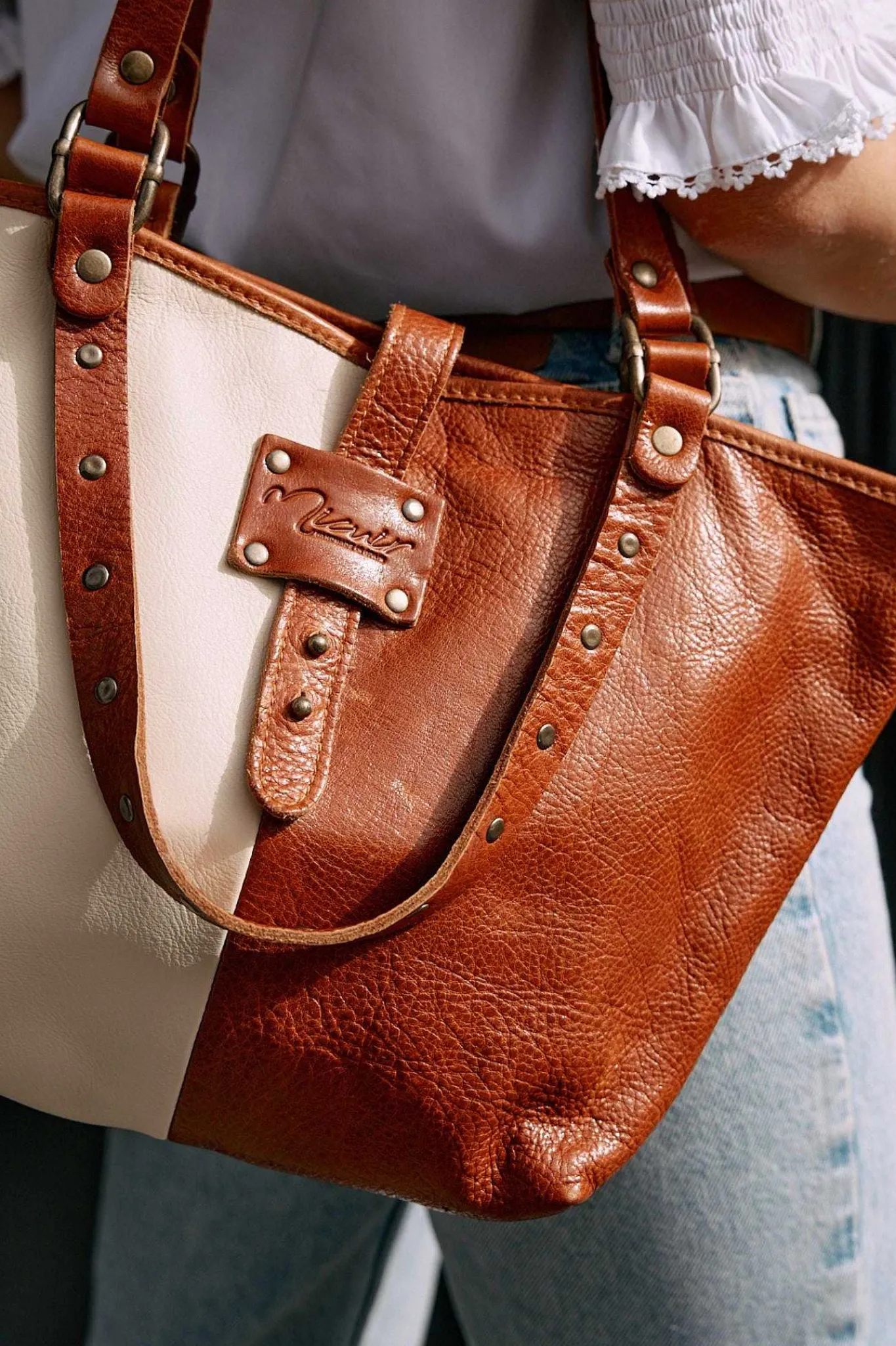 Mujer MICUIR Bolsos Medianos-Capazo Pequeno Bicolor Crema Y Cuero