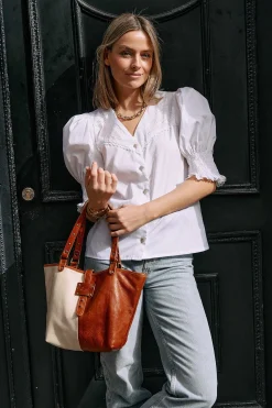 Mujer MICUIR Bolsos Medianos-Capazo Pequeno Bicolor Crema Y Cuero