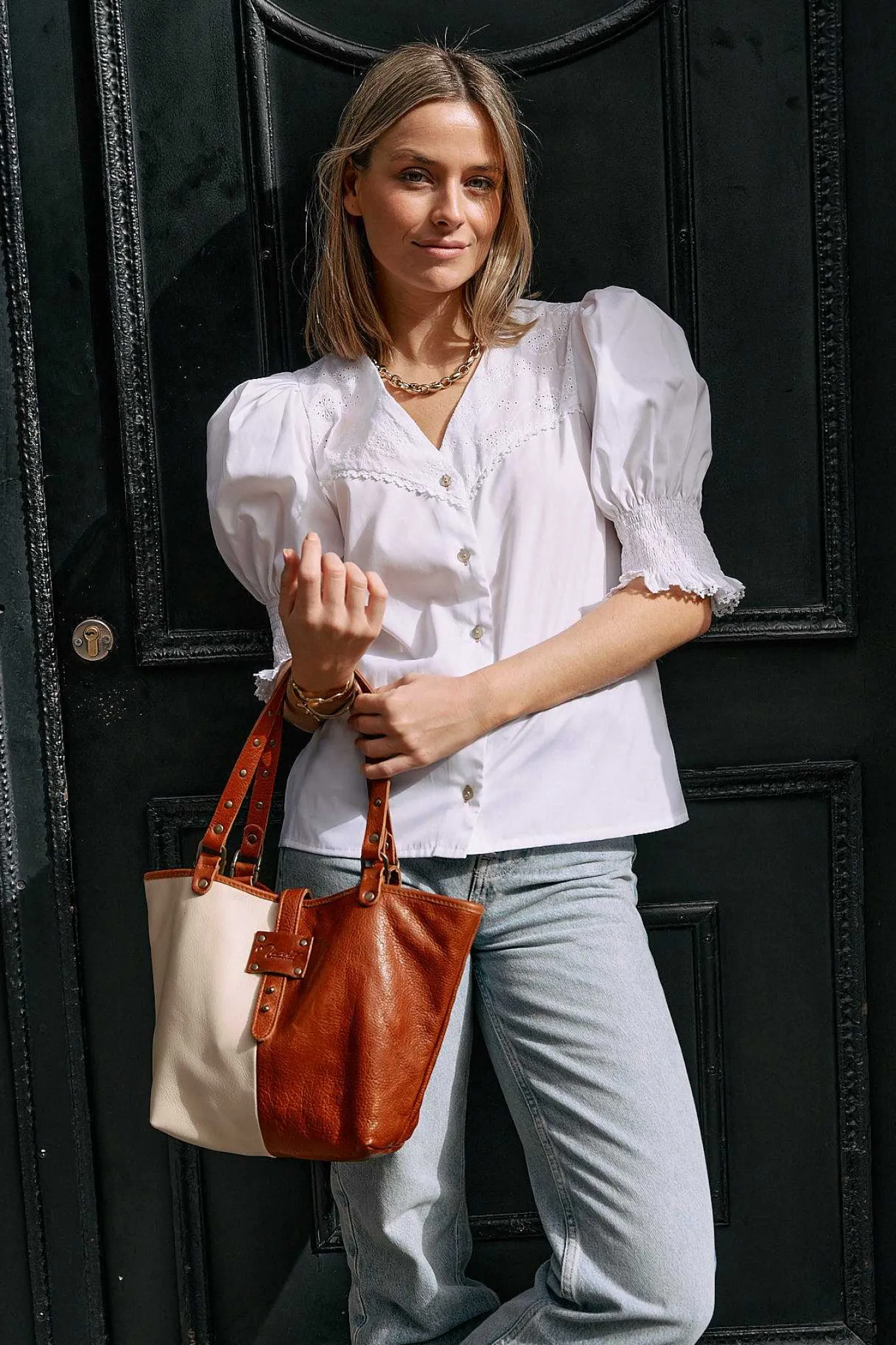 Mujer MICUIR Bolsos Medianos-Capazo Pequeno Bicolor Crema Y Cuero