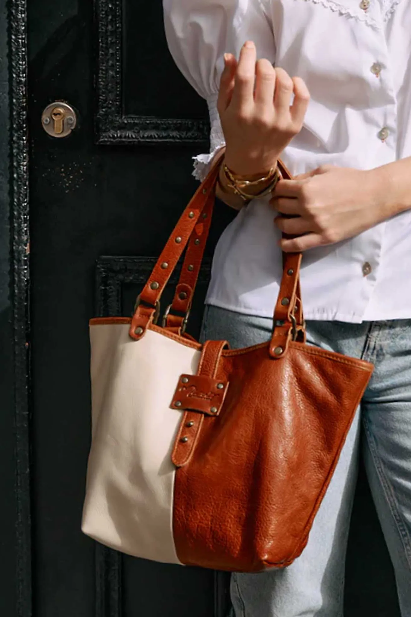 Mujer MICUIR Bolsos Medianos-Capazo Pequeno Bicolor Crema Y Cuero