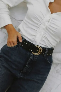 Mujer MICUIR Cinturones-Cinturon Negro Tachas Oro