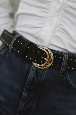 Mujer MICUIR Cinturones-Cinturon Negro Tachas Oro