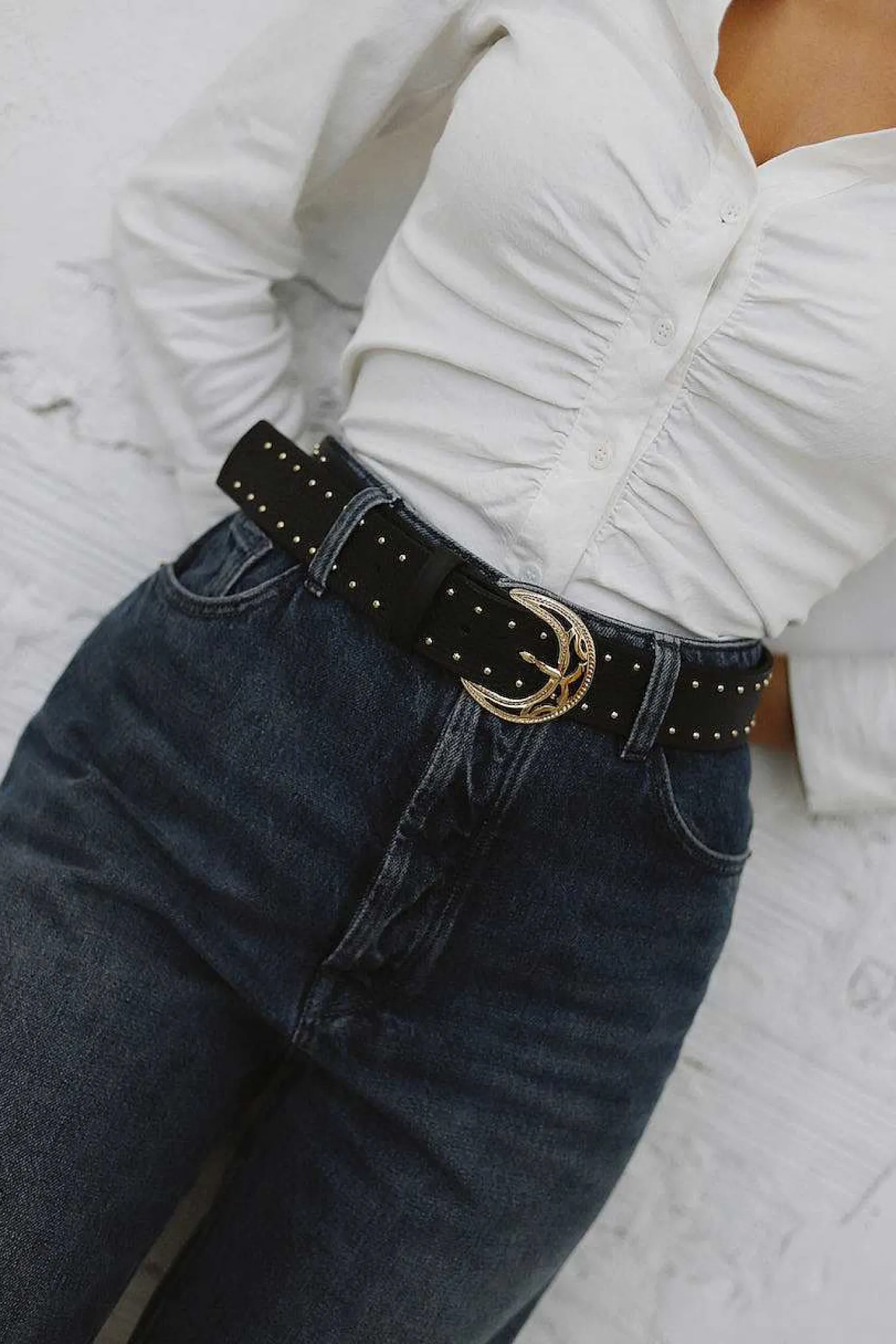 Mujer MICUIR Cinturones-Cinturon Negro Tachas Oro